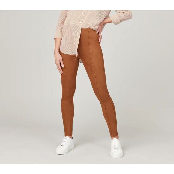 SPANX Faux Suede Leggings Womens Medium High Waist Slimming Pull On Rich Caramel - Picture 1 of 12